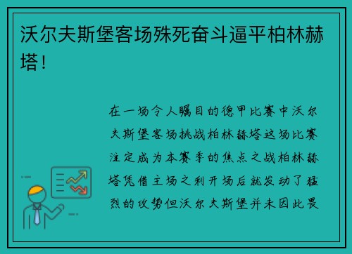 沃尔夫斯堡客场殊死奋斗逼平柏林赫塔！